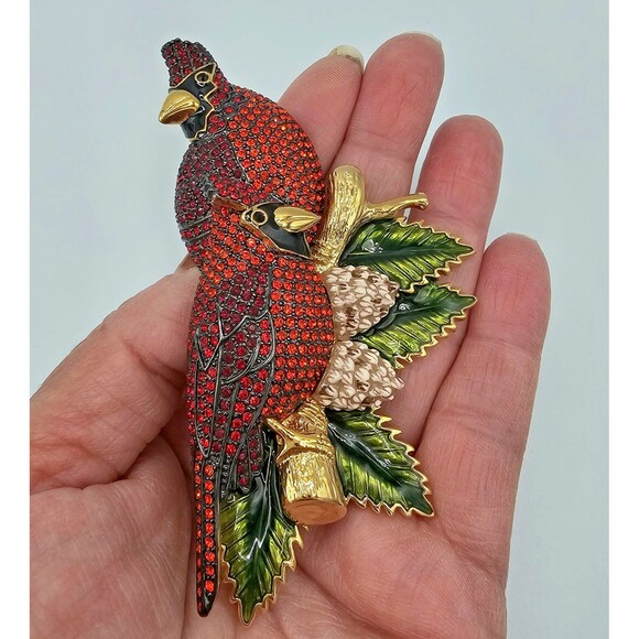 Joan Rivers Cardinal Brooch Vtg Swarovski Crystal Love Birds Winter Holiday Pin - Picture 3 of 15